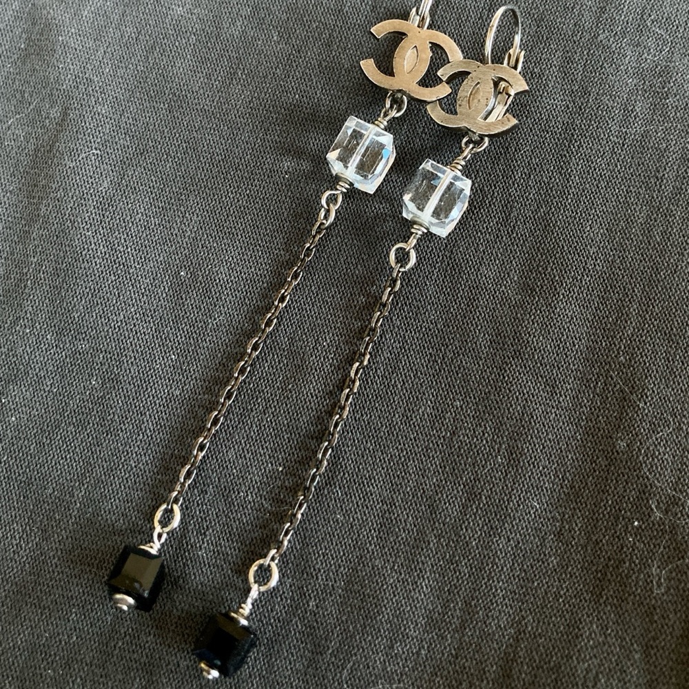 Authentic Chanel Vintage CC Dangle Earrings Metal with Crystals long